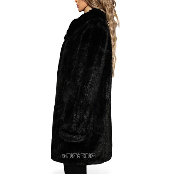 Dennis Basso Black Faux Mink Fur Coat Longline Oversized Winter Jacket Size L - Picture 3 of 10